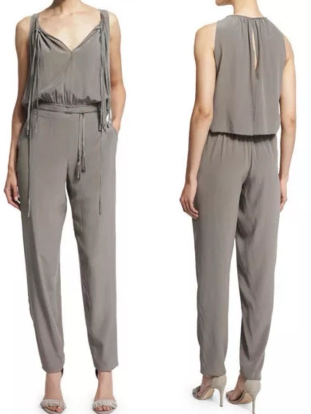 Elie Tahari Black Silk Leather Fringe Cheyenne Jumpsuit Small / 4